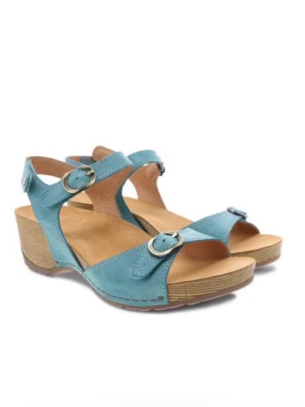 Dansko Women's Teal Suede Wedge Sandals with Buckle Straps. Size 39.